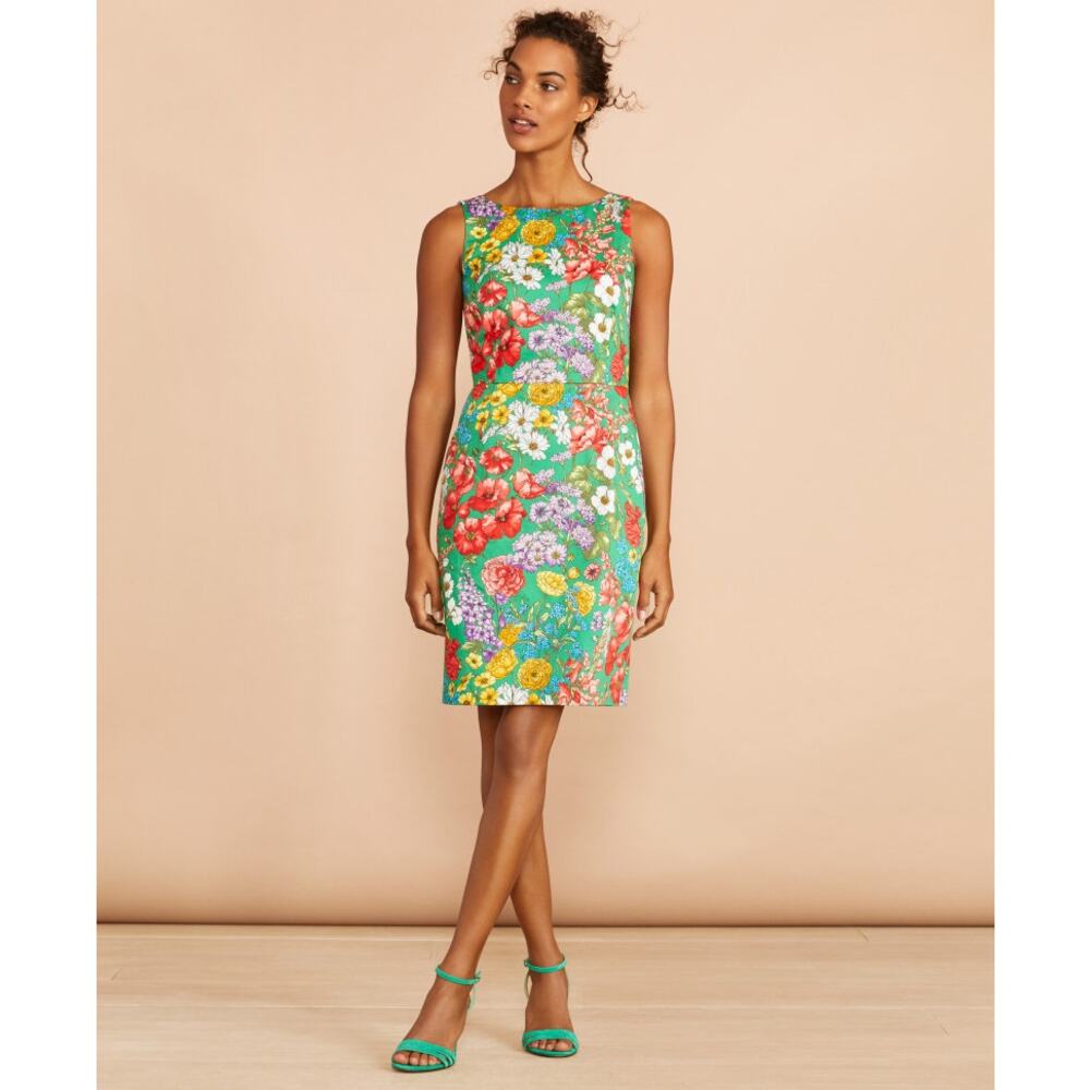 Brooks Brothers Dress Red Fleece Botanical Spring Summer Floral Green Size 14